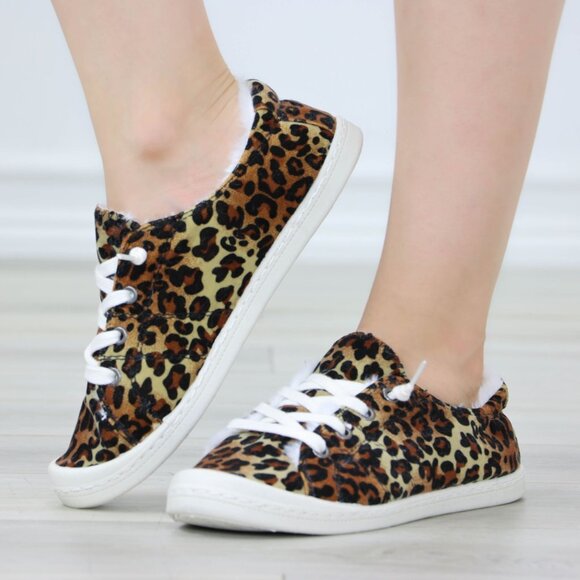 Leopard Women's Flat Sneakers Suede Lace Up Round Toe Warm Knit Lining - Picture 4 of 13